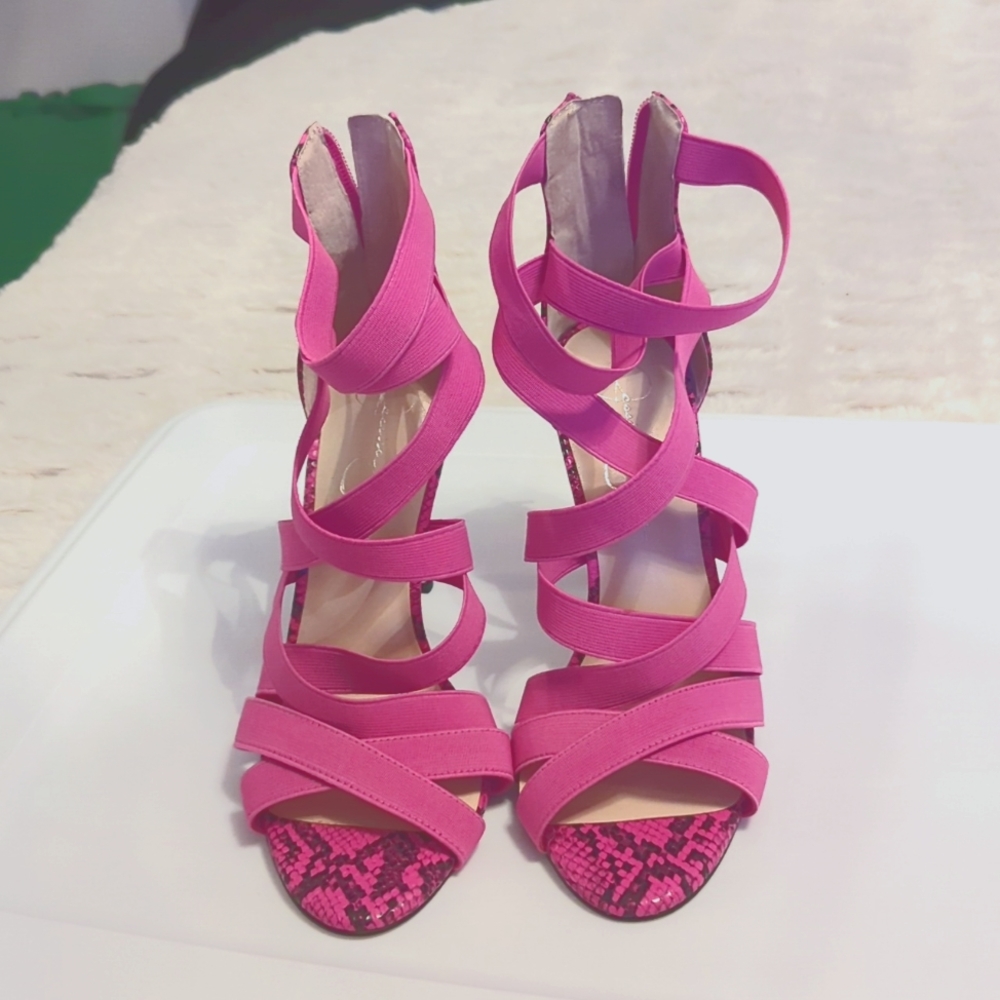 Jessica Simpson Pink and Black Snakeskin strappy heels 8 1/2 M/29